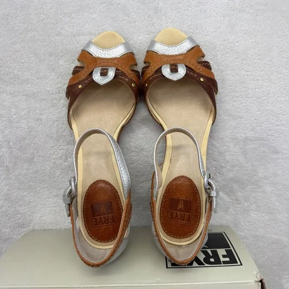FRYE Agnes Woven Leather Silver Brown Peep Toe Heel Sandals Sz 6.5M MSRP $198 - Picture 8 of 10